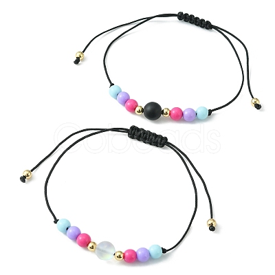 2Pcs 2 Style Natural Black Agate & Synthetic Moonstone & Acrylic Round Braided Bead Bracelets Set BJEW-JB09443-1