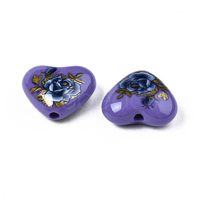 Flower Printed Opaque Acrylic Heart Beads SACR-S305-28-M01-1