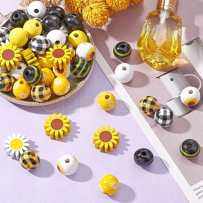 50Pcs 10 Styles Sunflower Theme Printed Wood Beads WOOD-CJ0001-78-1