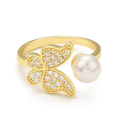 Clear Cubic Zirconia Butterfly with Plastic Pearl Beaded Open Cuff Ring RJEW-C047-05G-1