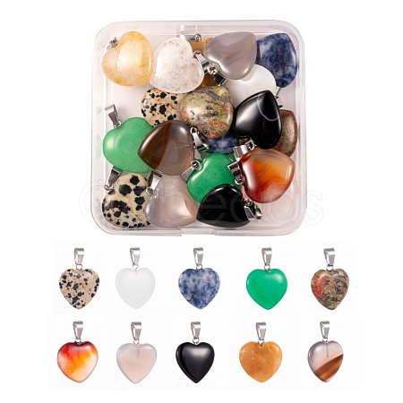 20Pcs 10 Style Heart Natural Gemstone Pendants G-LS0002-16-1