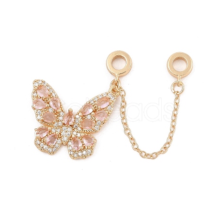 Rack Plating Butterfly Brass Pink Cubic Zirconia European Safety Chains KK-F879-20G-1