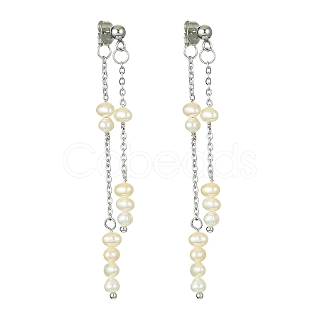 Natural Pearl Beaded Tassel Dangle Stud Earrings EJEW-JE05514-02-1