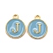 Golden Plated Alloy Enamel Charms, Cadmium Free & Lead Free, Enamelled Sequins, Flat Round with Letter, Sky Blue, Letter.J, 14x12x2mm, Hole: 1.5mm