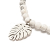 Natural Howlite Round Beaded Stretch Bracelet with Leaf Charm BJEW-JB07587-01-4