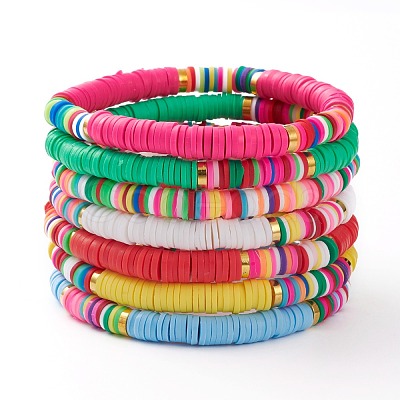 7Pcs Rainbow Polymer Clay Heishi Beads Stretch Bracelets Set X-BJEW-JB05882-1