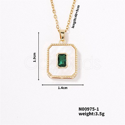 Shiny Brass Pave Green Cubic Zirconia Rectangle Pendant Necklaces for Women WG2782-1