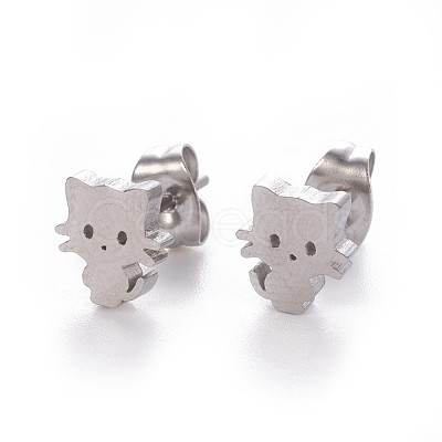 Tarnish Resistant 304 Stainless Steel Kitten Stud Earrings EJEW-F227-08P-1