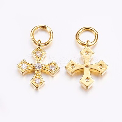 Brass Micro Pave Cubic Zirconia Tiny Cross Charms ZIRC-G128-04G-1