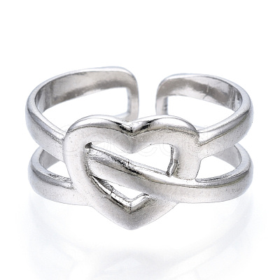 Non-Tarnish 304 Stainless Steel Heart Open Cuff Ring RJEW-N040-15-1