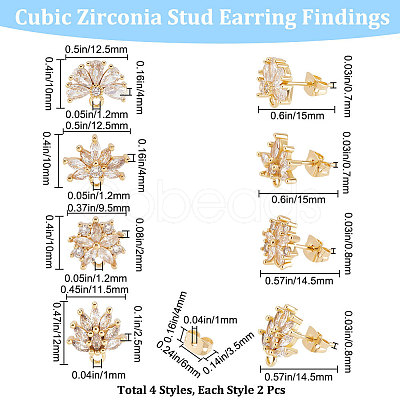 Beebeecraft 4 Pairs 4 Style Brass Cubic Zirconia Flower Stud Earring Findings EJEW-BBC0001-11-1