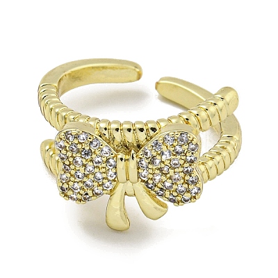 Bowknot Brass Micro Pave Cubic Zirconia Open Cuff Ring for Women RJEW-E296-11G-1