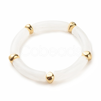 2Pcs 2 Color White Acrylic Curved Tube Chunky Stretch Bracelets Set with CCB Plastic for Women BJEW-JB08126-1