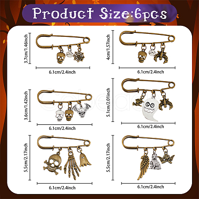 6Pcs 6 Style Skull & Wing & Witch Alloy Charms Safety Pin Brooch JEWB-PH01257-1