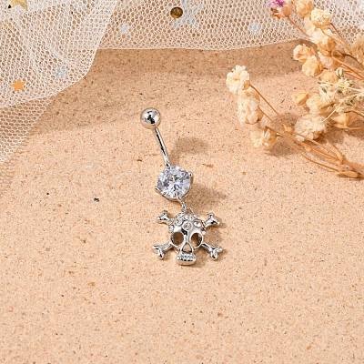 Piercing Jewelry Real Platinum Plated Brass Rhinestone Pirate Style Skull Navel Ring Belly Rings AJEW-EE0001-28-1