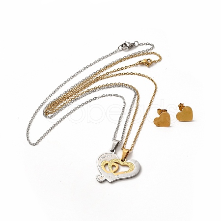 Matching Heart Couple Pendant Necklaces & Stud Earrings SJEW-E045-08GP-1