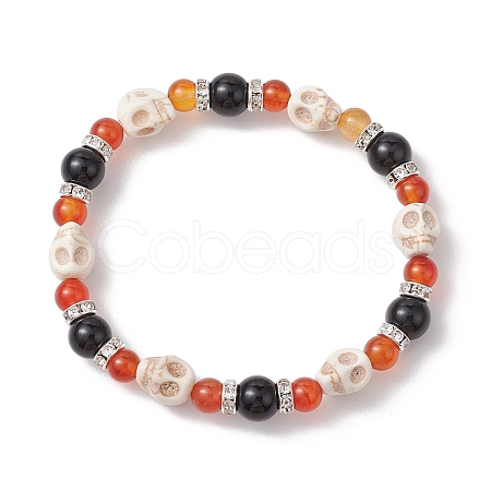 Halloween Skull Synthetic Turquoise & Natural Red Agate & Black Onyx Beaded Stretch Bracelets BJEW-TA00485-1