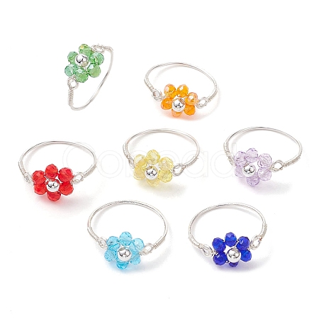 7Pcs 7 Styles Flower Glass Beads Finger Rings RJEW-JR00710-01-1