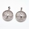 Natural Rose Quartz Pendants, with Brass Finding, Flat Round with Tree of Life, Platinum, 31x27x6mm, Hole: 5x8mm