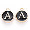 Golden Plated Alloy Charms, Cadmium Free & Lead Free, with Enamel, Enamelled Sequins, Flat Round with Letter, Black, Letter.A, 14x12x2mm, Hole: 1.5mm