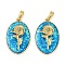 Rack Plating Brass Pendants, with Synthetic Opal, Long-Lasting Plated, Lead Free & Cadmium Free, Real 18K Gold Plated, Oval with Sunflower, Deep Sky Blue, 25.5x16x4.5mm, Hole: 5.5x3mm