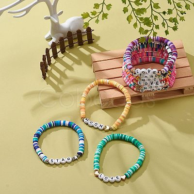 9Pcs 9 Style Handmade Polymer Clay Heishi Surfer Stretch Bracelets Set BJEW-JB08863-1