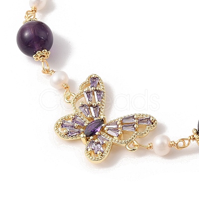 Adjustable Round Natural Amethyst & Natural Pearl Slider Bracelets BJEW-C068-07G-1