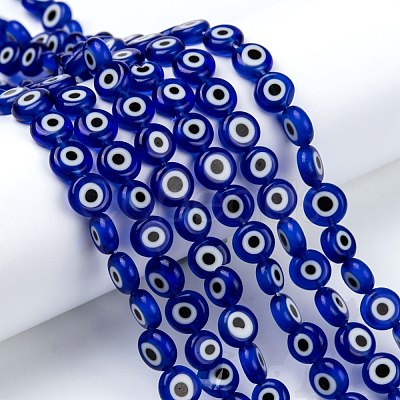 Handmade Evil Eye Lampwork Flat Round Bead Strands LAMP-L058-8mm-04-1