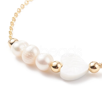 Natural Pearl & Shell Heart with Evil Eye Link Bracelet with Brass Chains for Women BJEW-JB08329-02-1