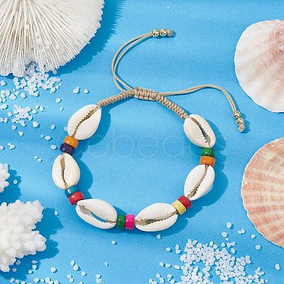 Natural Shell & Maple Wood Braided Bead Bracelet BJEW-TA00393-1