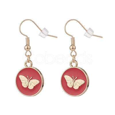 Flat Round with Butterfly Enamel Dangle Earrings EJEW-JE04862-1