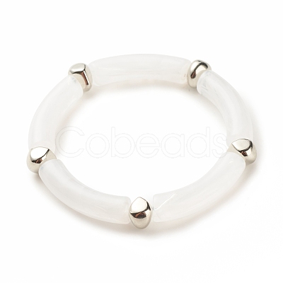 2Pcs 2 Color White Acrylic Curved Tube Chunky Stretch Bracelets Set with CCB Plastic for Women BJEW-JB08126-1