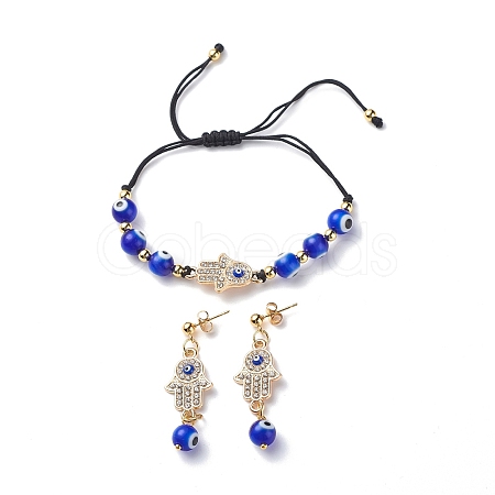 Lampwork Evil Eye Braided Bead Bracelet and Dangle Stud Earrings SJEW-JS01258-1