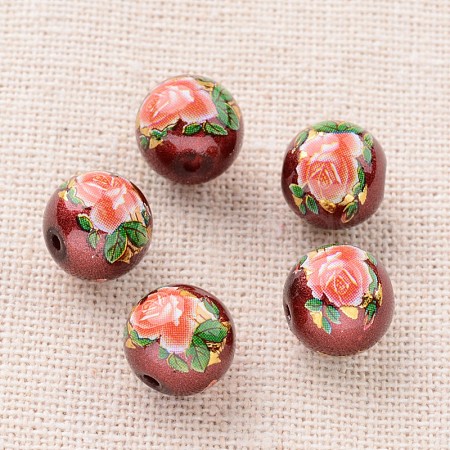 Flower Picture Printed Glass Round Beads GLAA-J088-10mm-B09-1
