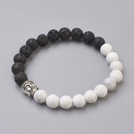 Natural Lava Rock Beads and Natural Howlite Beads Stretch Bracelets BJEW-JB03851-05-1