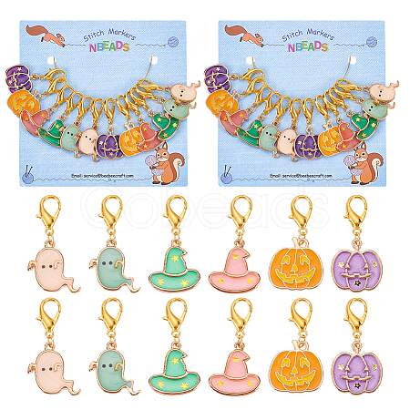 Halloween Theme Alloy Enamel Ghost & Witch Hat & Pumpkin Charm Locking Stitch Markers HJEW-PH01714-1