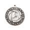 Tibetan Style Alloy Pendants, Flat Round with Odin Triple Horn Charm, Antique Silver, 38x34.5x2mm, Hole: 2mm