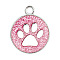 Enamel Charms, with Platinum Plated Alloy Findings and Glitter Powder, Flat Round with Dog Paw Prints, Pink, 23x19x2.1mm, Hole: 2.1mm