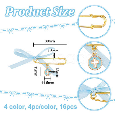 4Pcs 4 Color Satin Ribbon Bowknot & Alloy Enamel Cross Charms Safety Pin Brooches JEWB-AB00014-1