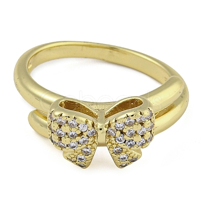 Bowknot Brass Micro Pave Clear Cubic Zirconia Open Cuff Double Rings RJEW-Z046-04G-03-1