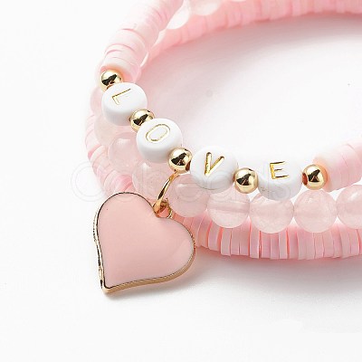 3Pcs 3 Style Natural Rose Quartz & Acrylic Word Love Beaded Stretch Bracelets Set with Alloy Enamel Heart Charms BJEW-JB08924-02-1