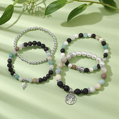 4Pcs 4 Styles 6/8mm Round Natural Lava Rock & Flower Amazonite & Shell Pearl Beaded Stackable Stretch Bracelet Sets BJEW-JB10333-1