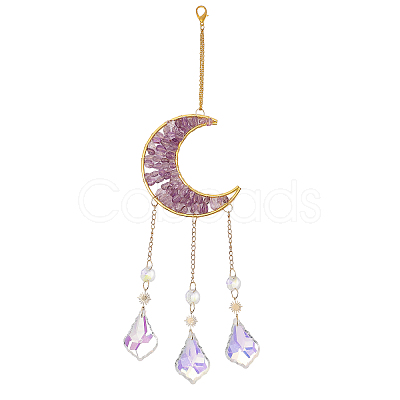 Hanging Moon Sun Catcher with Teardrop Glass Prisms for Windows HJEW-PH01733-01-1