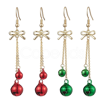 2Pairs 2 Colors Christmas Theme Brass Bell & Bowknot Dangle Earrings EJEW-JE05824-1