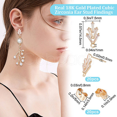 Beebeecraft 20Pcs Brass Cubic Zirconia Stud Earring Findings KK-BBC0004-96-1