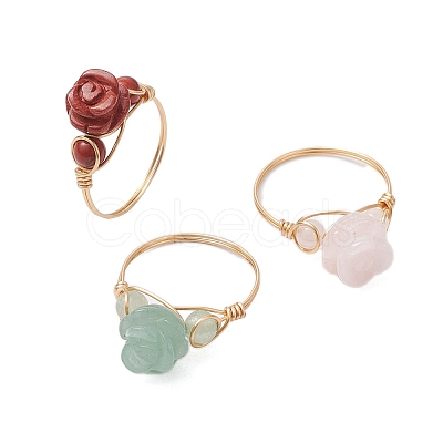 Valentine's Day Rose Natural Red Jasper & Green Aventurine & Rose Quartz Finger Rings RJEW-JR00814-1