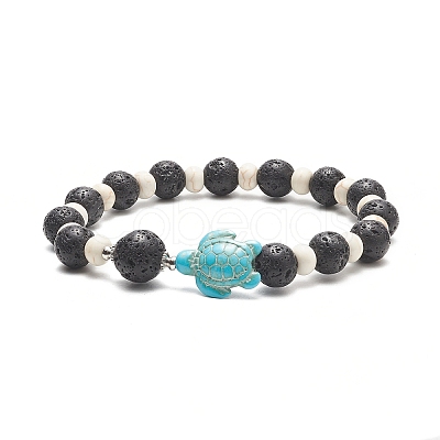 Dyed Synthetic Turquoise(Dyed) Tortoise & Natural Lava Rock Beaded Stretch Bracelet for Women BJEW-JB09229-02-1