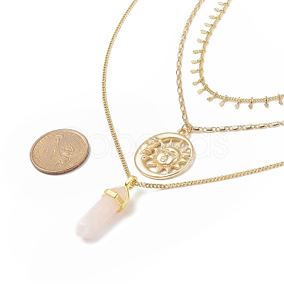 3Pcs 3 Style Natural Rose Quartz Bullet & Alloy Sun Pendant Necklaces Set with Brass Curb Chains for Women NJEW-JN04170-1