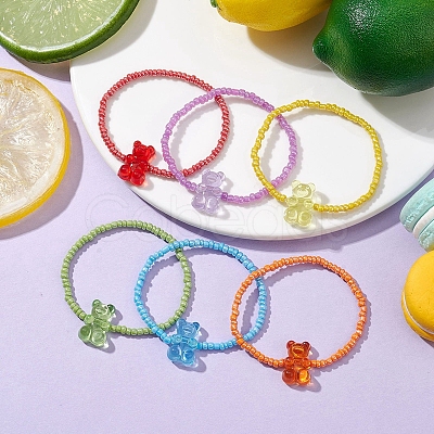 6 PCS Rainbow Style Bear Shape Acrylic Beaded Bracelets Set for Children BJEW-JB10066-1