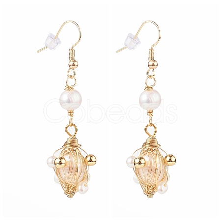 Wire Wrapped Natural Pearl Dangle Earrings EJEW-JE04505-1